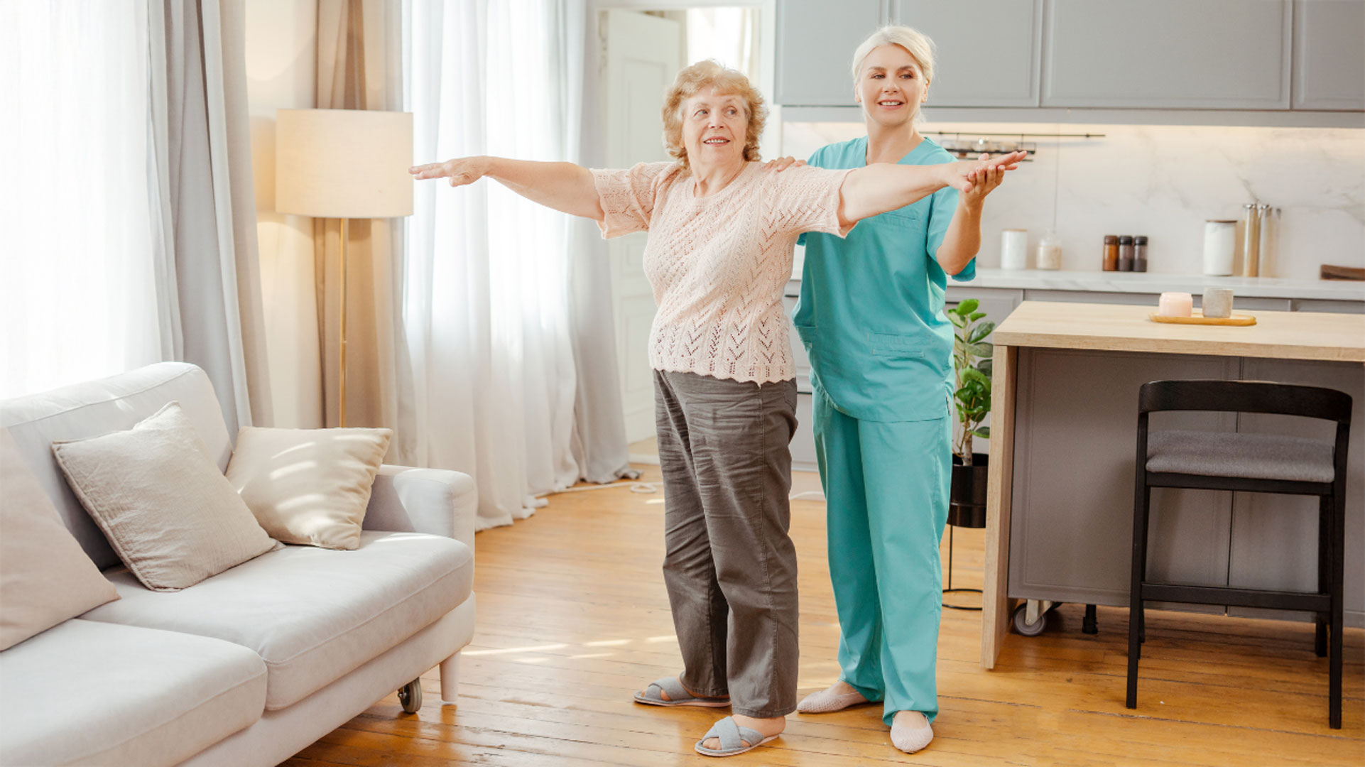 physical therapist helps patient with a balance exercise